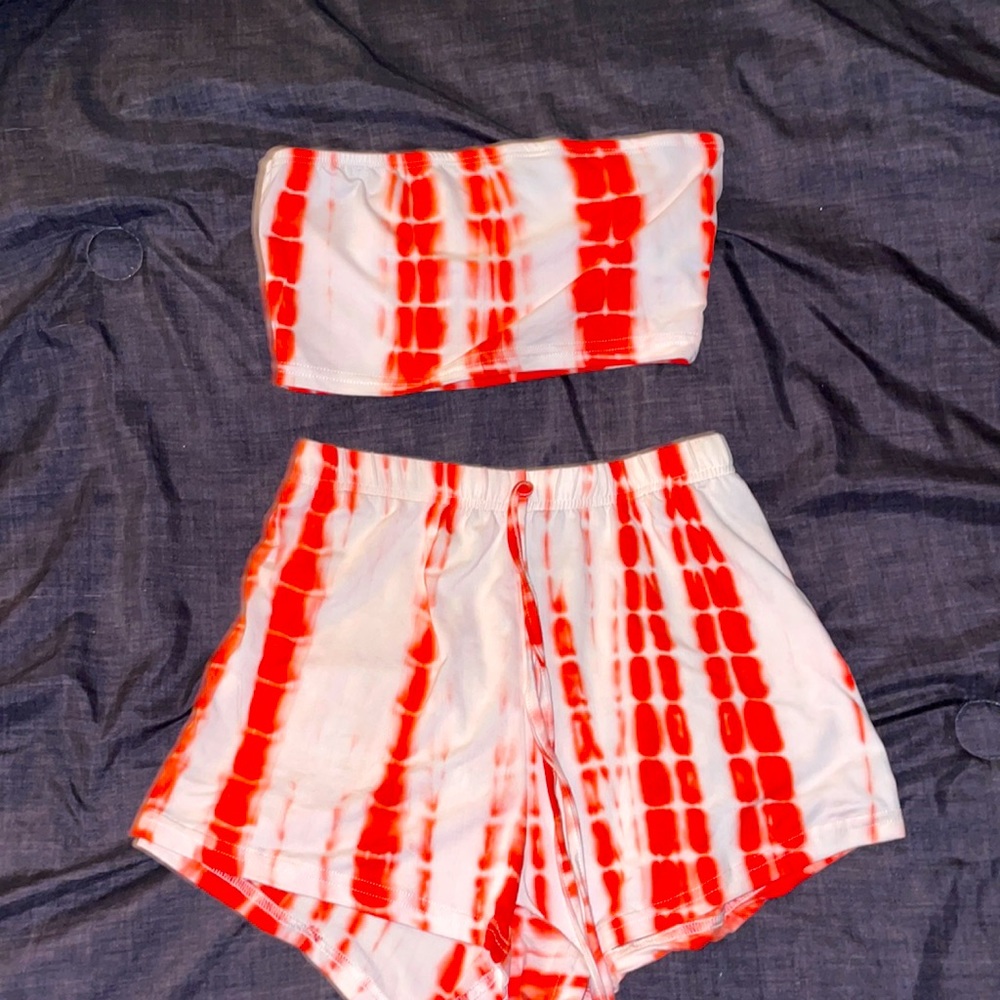 Red and white short set